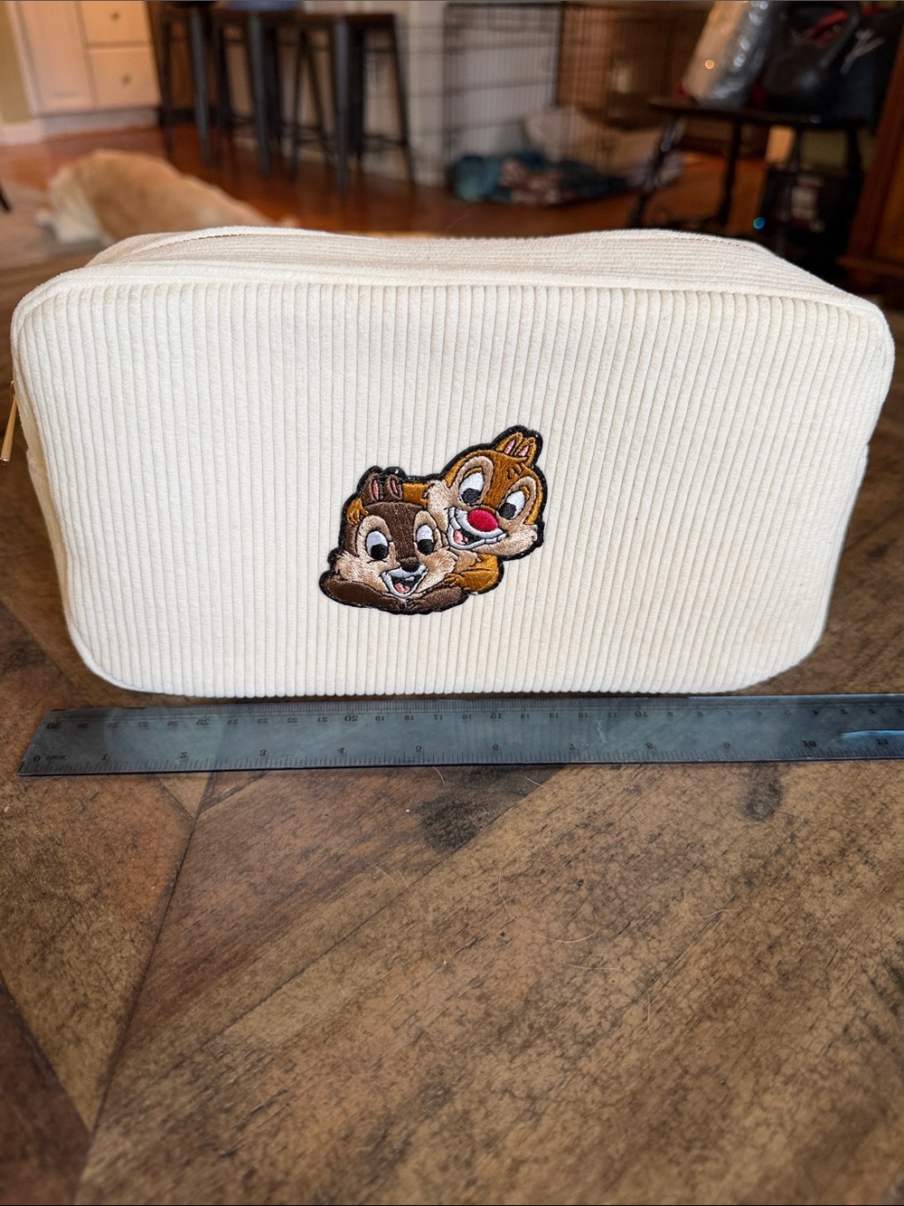 New Cream Corduroy Ribbed Zip Pouch with Chip 'n' Dale Patch